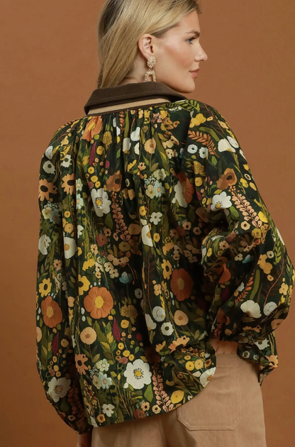 Umgee Olive Mix Floral Contrast Collar Blouse
