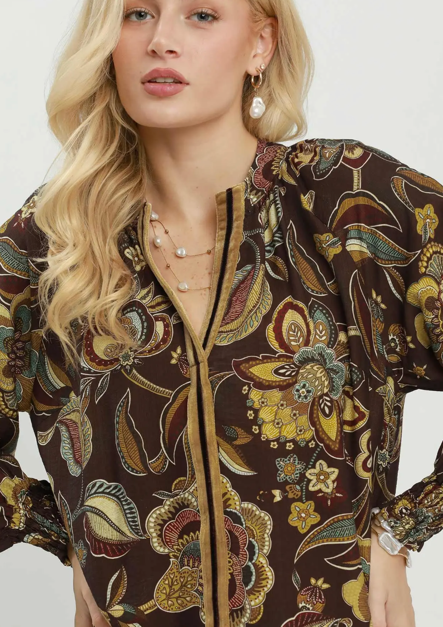 Floral Print Velvet Trim Blouse by Umgee