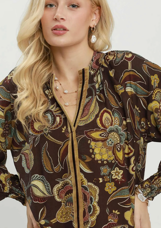 Floral Print Velvet Trim Blouse by Umgee