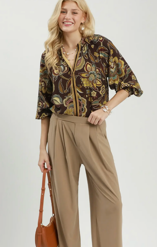 Floral Print Velvet Trim Blouse by Umgee