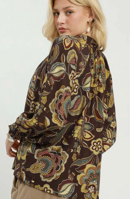 Floral Print Velvet Trim Blouse by Umgee