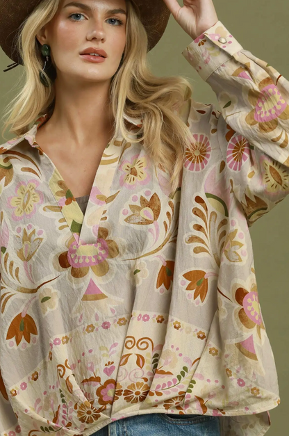 Umgee Retro Floral Print Collared Blouse