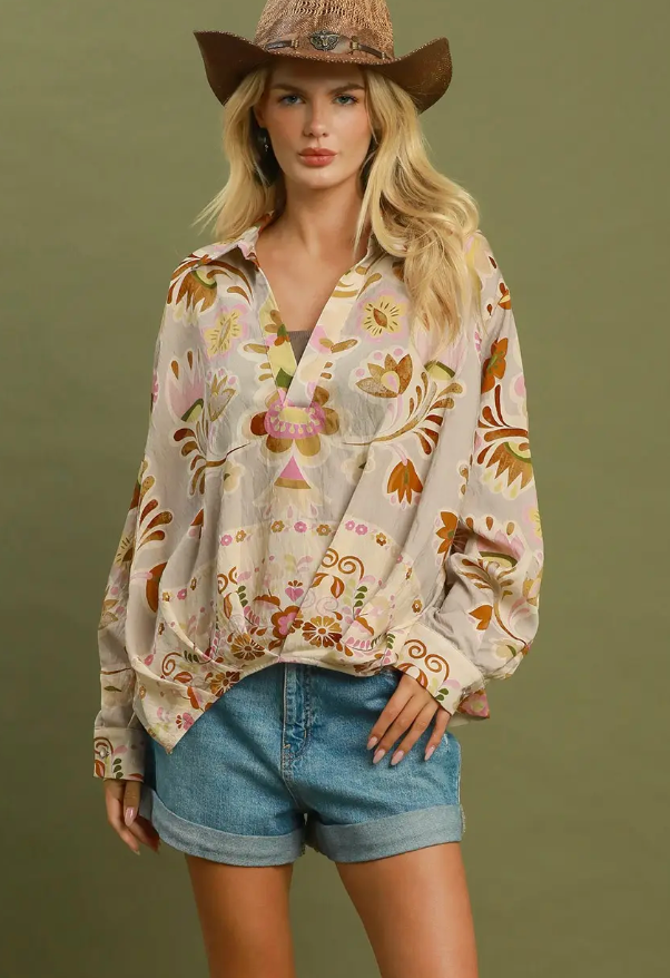 Umgee Retro Floral Print Collared Blouse