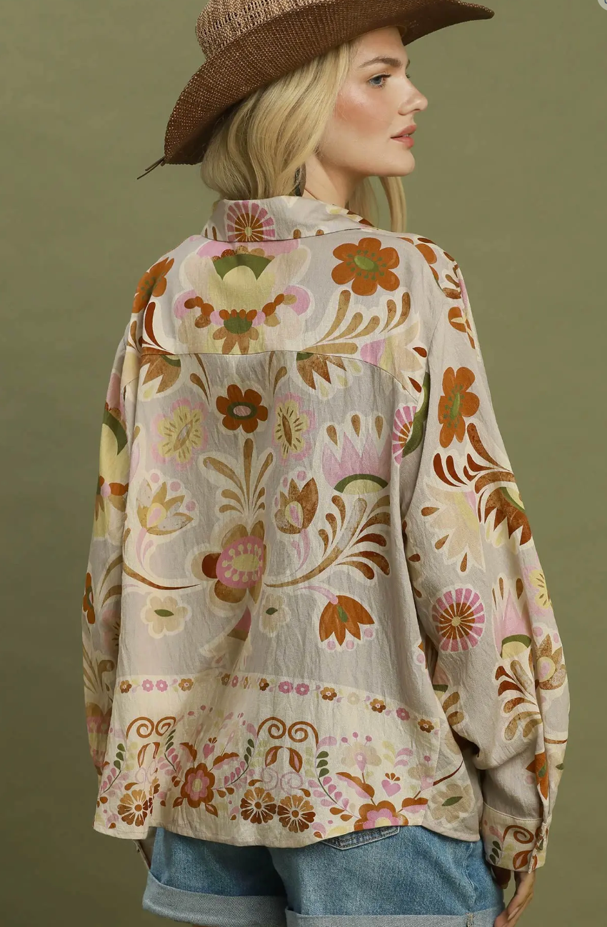 Umgee Retro Floral Print Collared Blouse