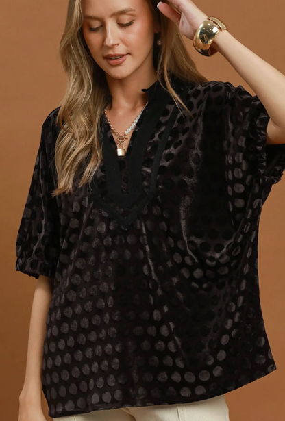 Umgee Black Velvet Polka Dot Blouse