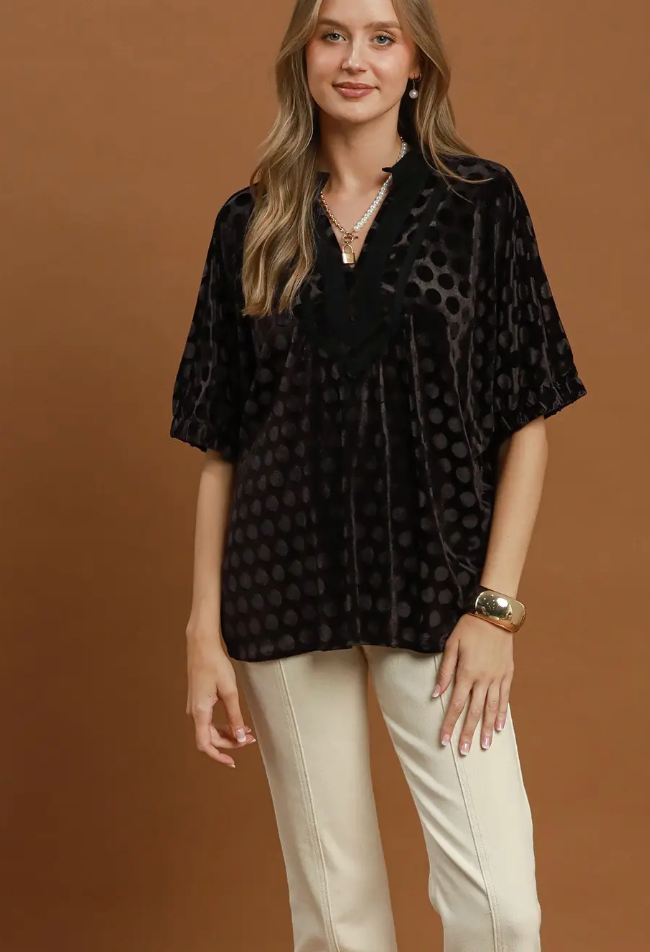 Umgee Black Velvet Polka Dot Blouse