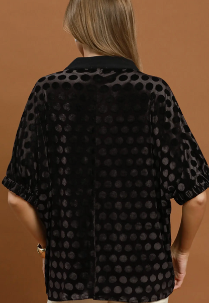 Umgee Black Velvet Polka Dot Blouse