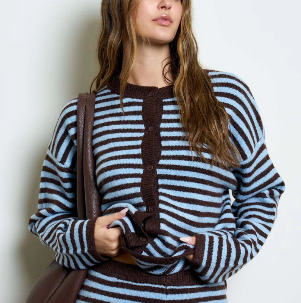 Striped Contrast Button Down Cardigan / 2 colors
