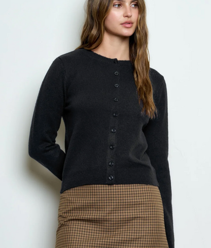 Classic Black Button Front Long Sleeve Cardigan