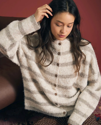 Stripe Mockneck Fuzzy Button Front Cardigan