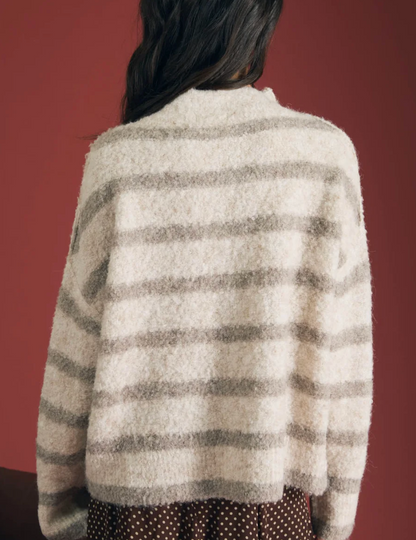 Stripe Mockneck Fuzzy Button Front Cardigan