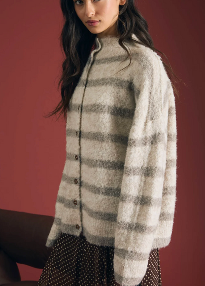 Stripe Mockneck Fuzzy Button Front Cardigan