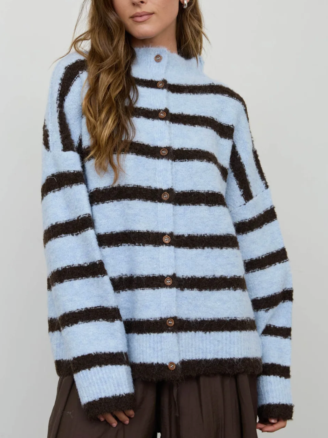 Stripe Mockneck Fuzzy Button Front Cardigan