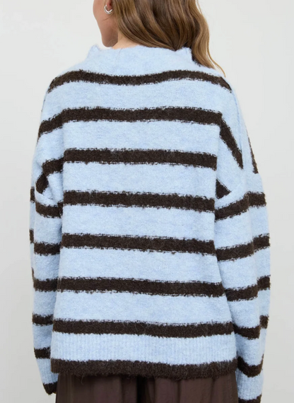 Stripe Mockneck Fuzzy Button Front Cardigan