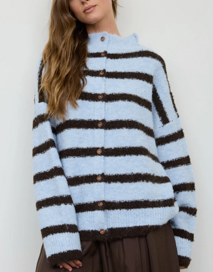 Stripe Mockneck Fuzzy Button Front Cardigan