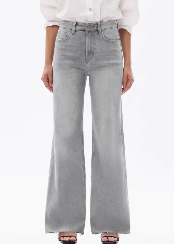Grey High Rise Wide Leg Frayed Hem Retro Jeans