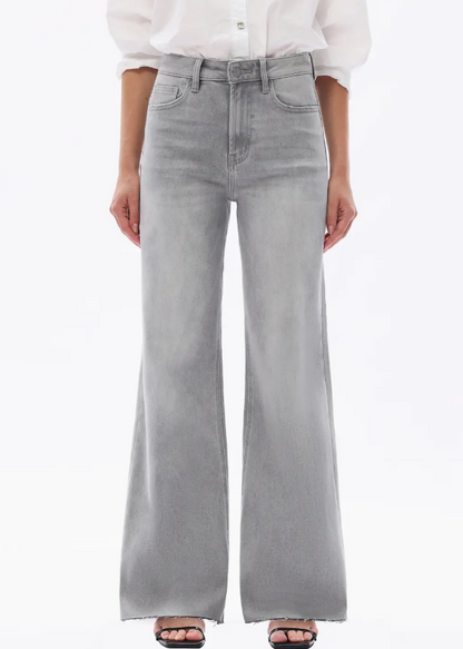 Grey High Rise Wide Leg Frayed Hem Retro Jeans