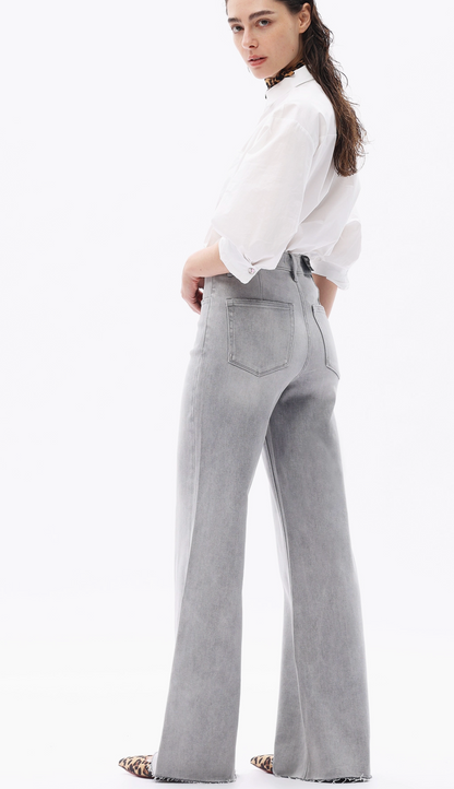 Grey High Rise Wide Leg Frayed Hem Retro Jeans