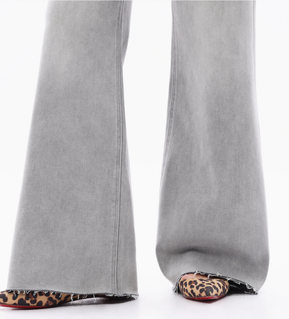Grey High Rise Wide Leg Frayed Hem Retro Jeans