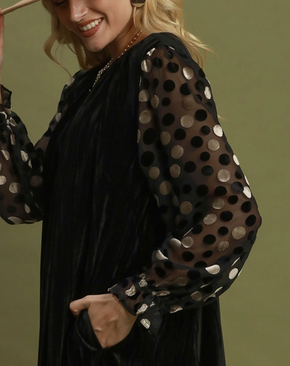 Umgee Velvet Polka Dot Sheer Sleeve Dress