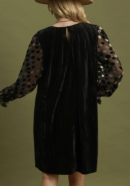 Umgee Velvet Polka Dot Sheer Sleeve Dress