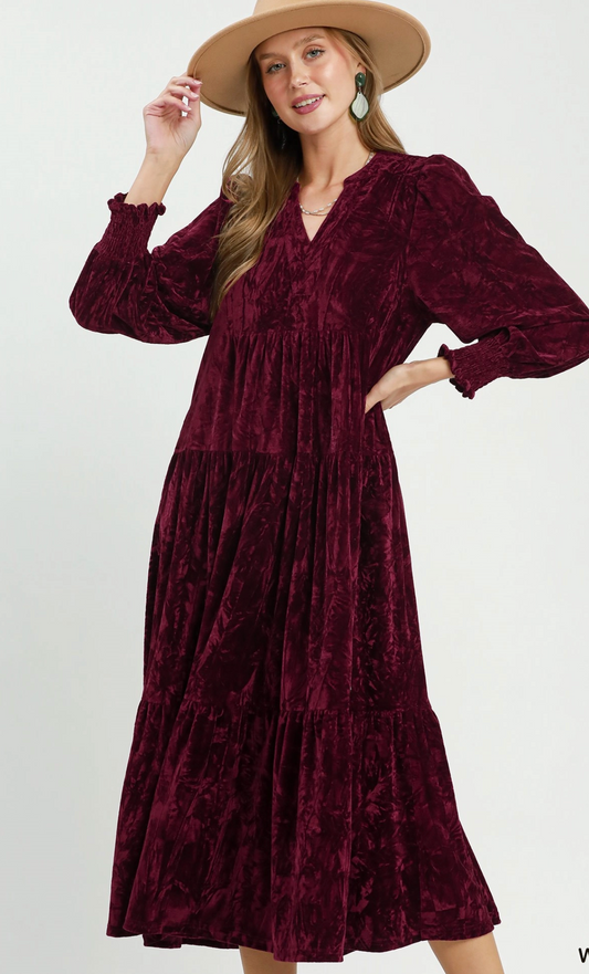 Umgee Burgundy Velvet Tiered Midi Dress