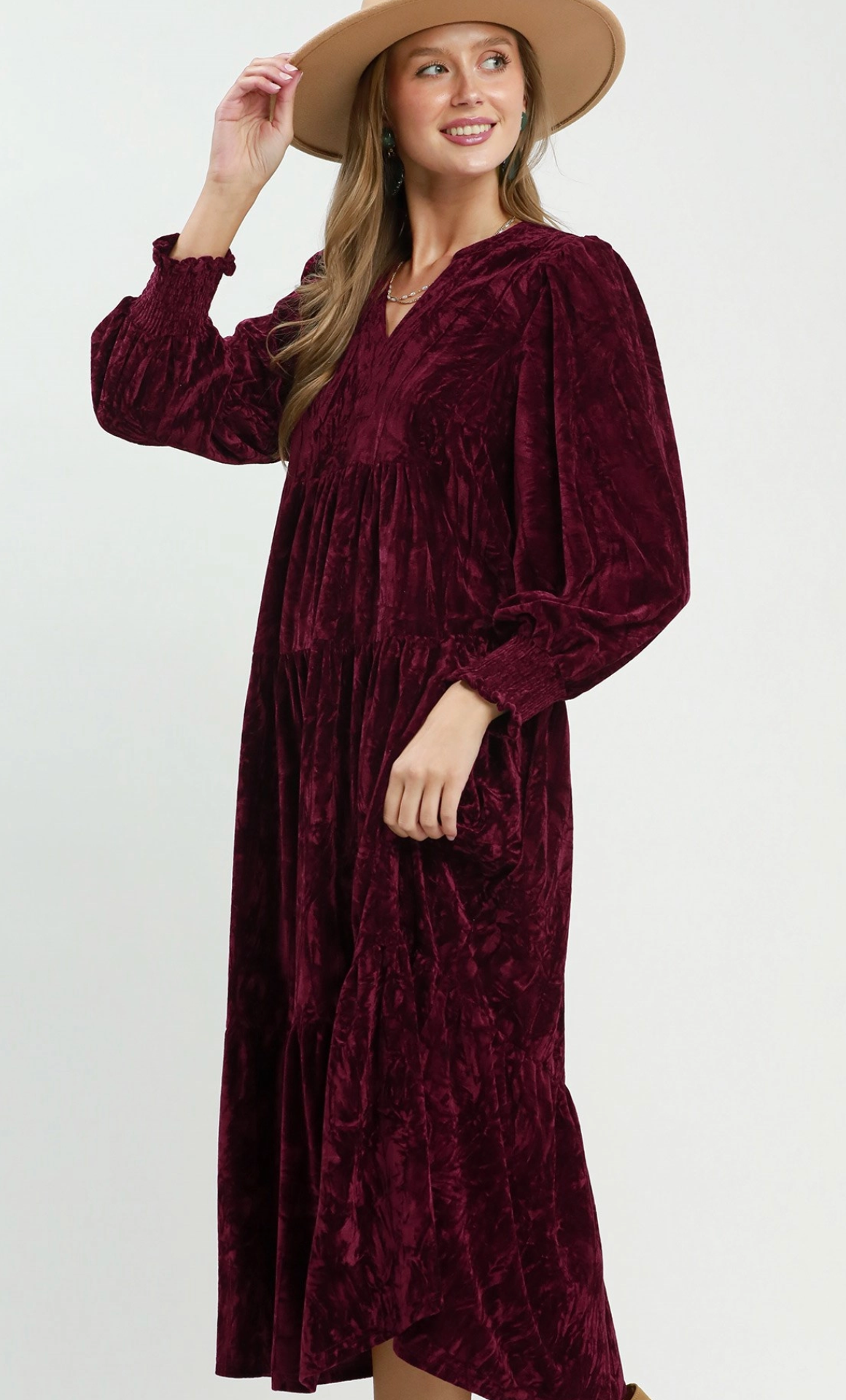 Umgee Burgundy Velvet Tiered Midi Dress