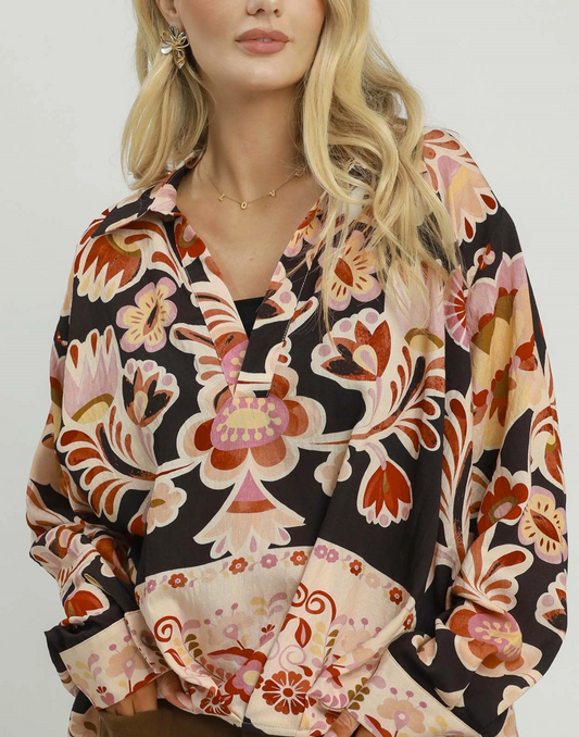 Umgee Black Retro Floral Print Top