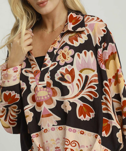 Umgee Black Retro Floral Print Top