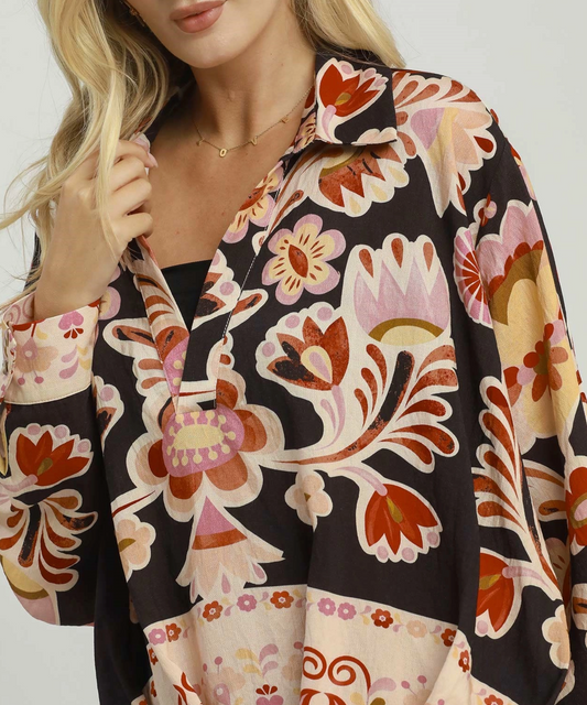 Umgee Black Retro Floral Print Top