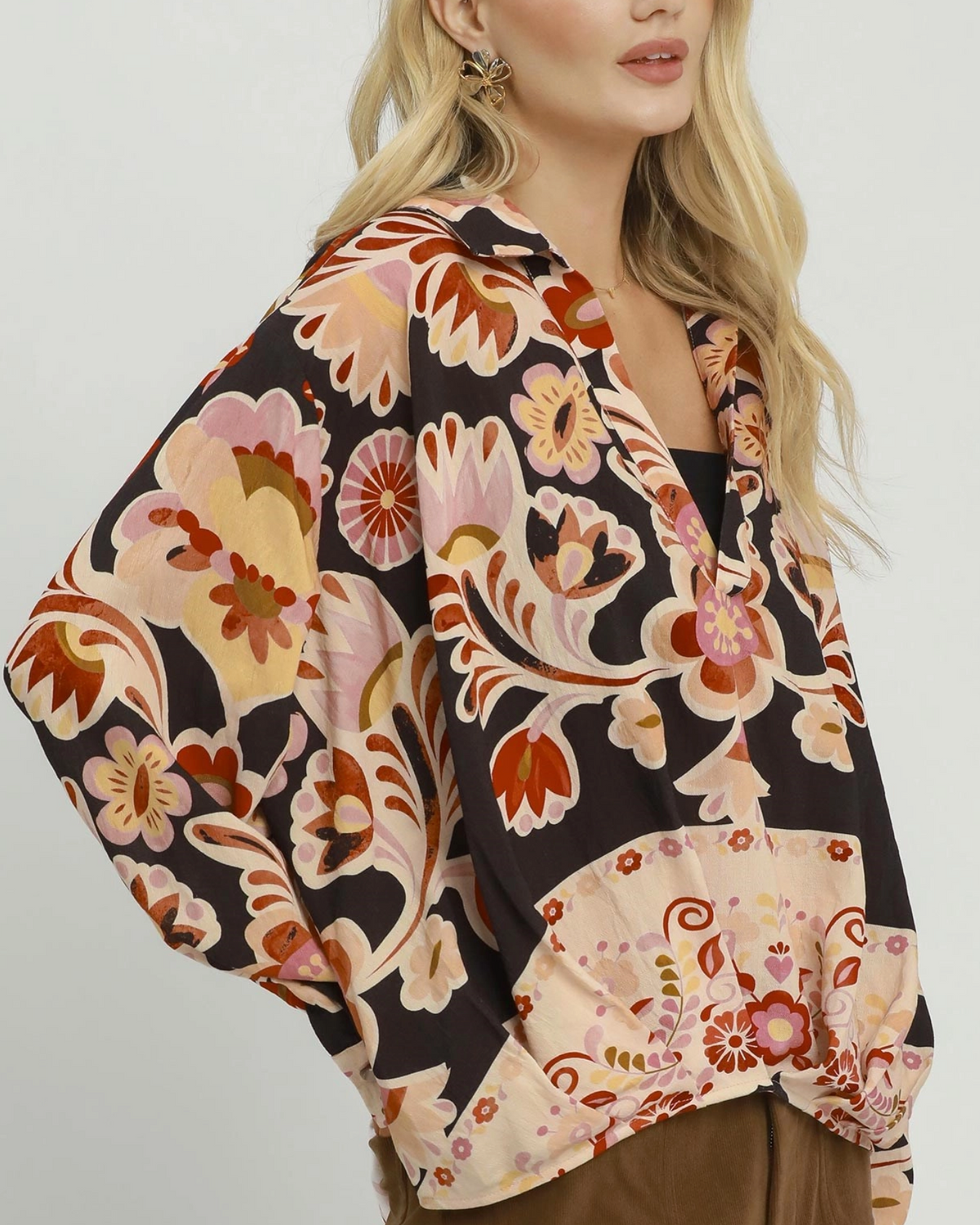 Umgee Black Retro Floral Print Top
