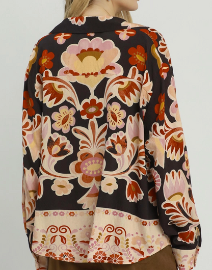 Umgee Black Retro Floral Print Top