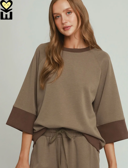 Umgee CLOUDKNIT Modal & Tencel 3/4 Raglan Sleeve Color Block Crewneck Top BROWN