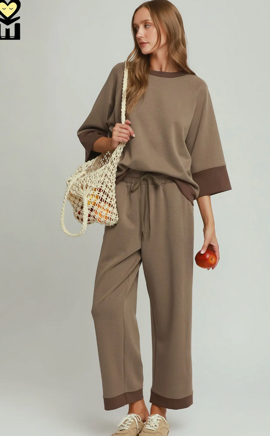 Umgee CLOUDKNIT Modal & Tencel 3/4 Raglan Sleeve Color Block Crewneck Top BROWN