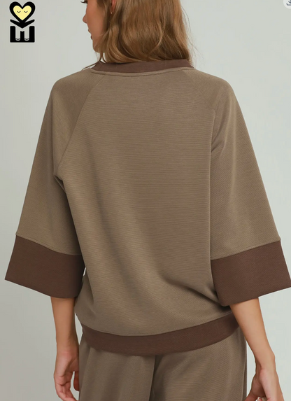 Umgee CLOUDKNIT Modal & Tencel 3/4 Raglan Sleeve Color Block Crewneck Top BROWN