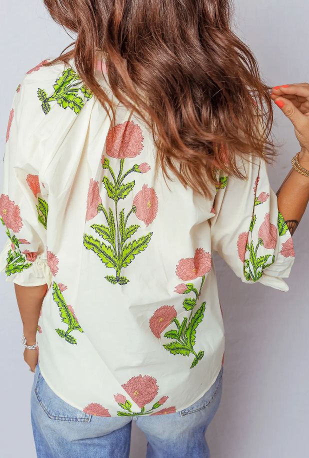 Pink and Green Floral 3/4 Sleeve Blouse