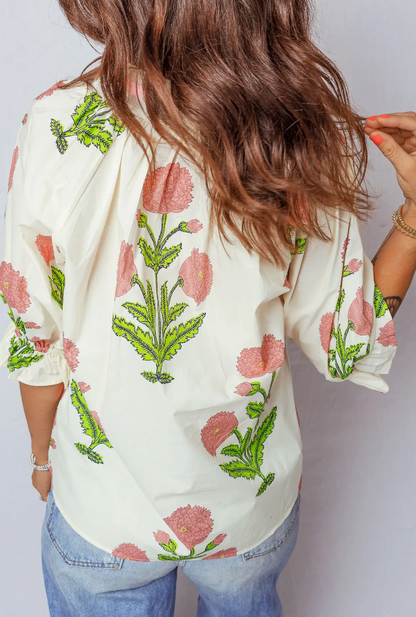 Pink and Green Floral 3/4 Sleeve Blouse