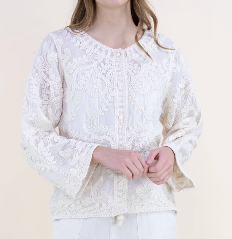Whimsical Embroidered Button Front Shirt / White and Ivory