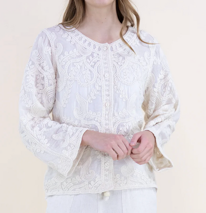 Whimsical Embroidered Button Front Shirt / White and Ivory
