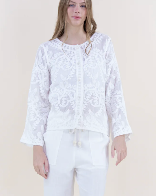 Whimsical Embroidered Button Front Shirt / White and Ivory