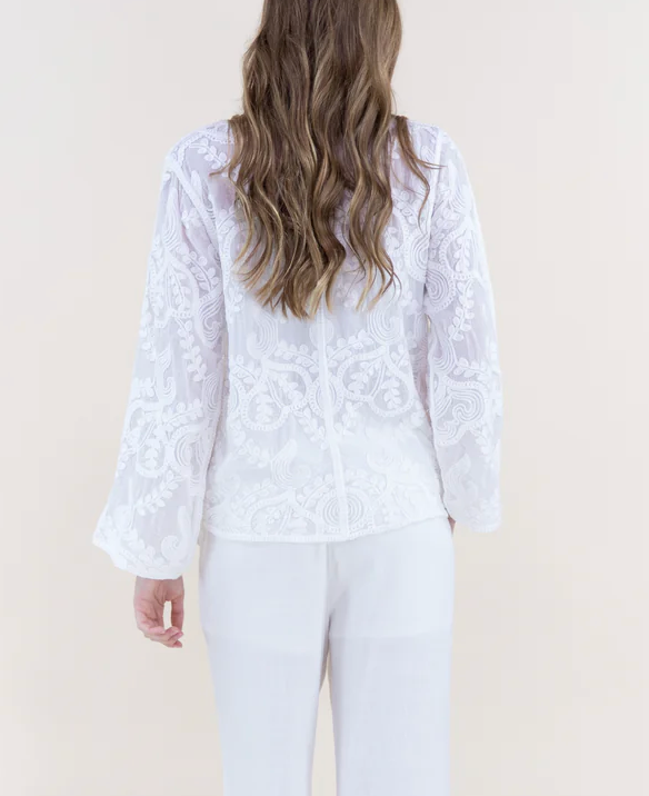Whimsical Embroidered Button Front Shirt / White and Ivory