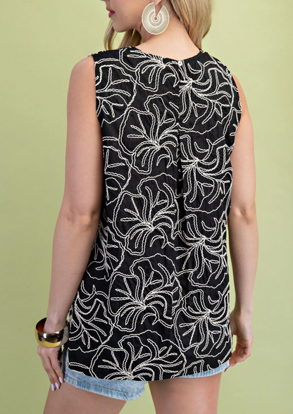 Embroidered Sleeveless Round Neck Top-2 colors