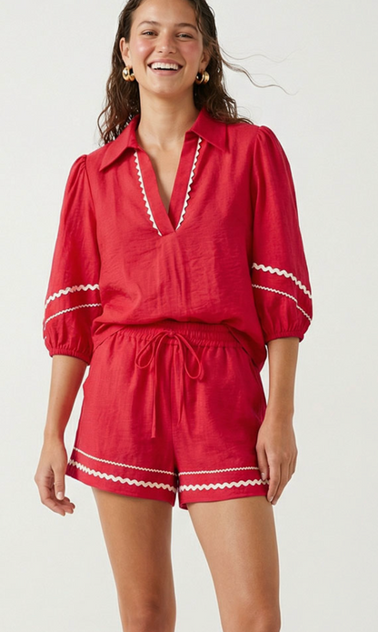 Contrast Trim Linen Blend Top / 4 colors
