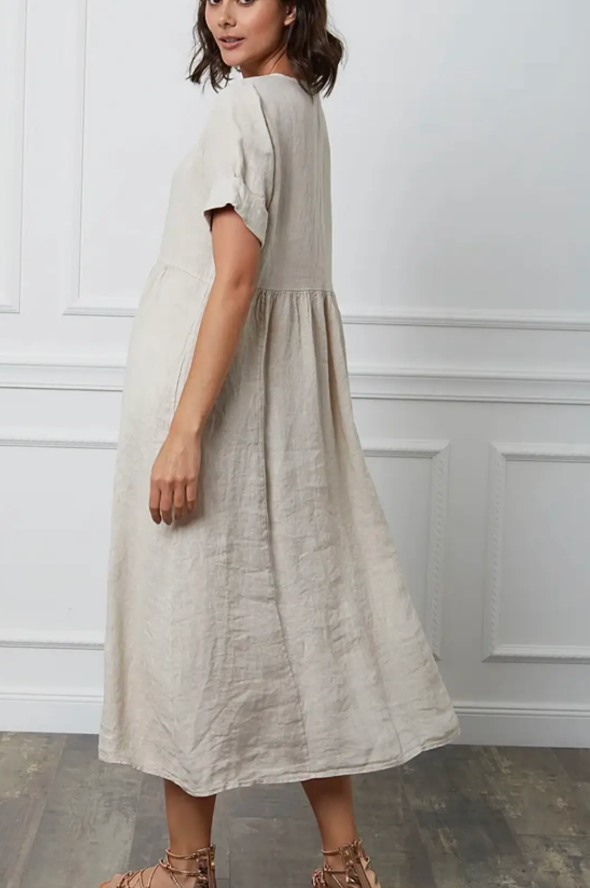 Italian Oatmeal Linen Easy Midi Dress