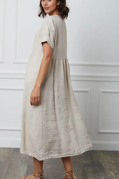 Italian Oatmeal Linen Easy Midi Dress