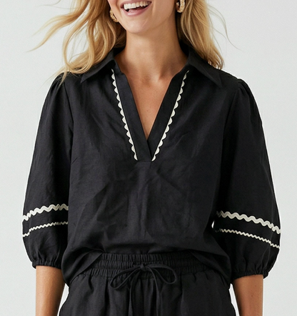 Contrast Trim Linen Blend Top / 4 colors
