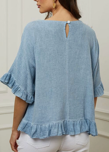 Italian Linen Ruffle Detail Short Sleeve top / 8 colors
