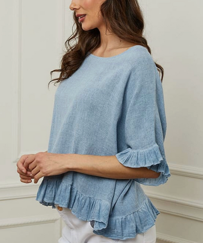 Italian Linen Ruffle Detail Short Sleeve top / 8 colors