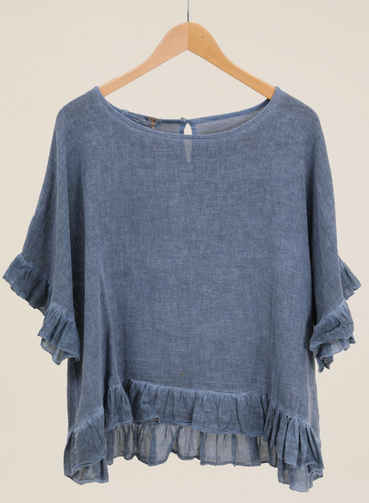Italian Linen Ruffle Detail Short Sleeve top / 8 colors