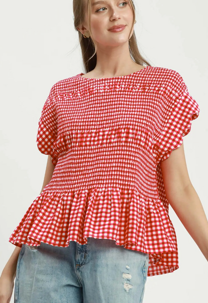 Gingham Smocked Ruffle Hem Top / 2 colors